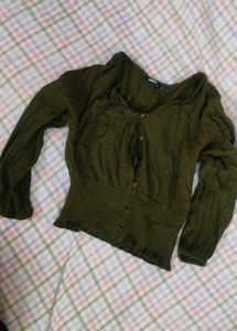 Green Button-Up Smocked Top