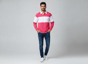 Rose pink and White Long Sleeve Rugby Shirt