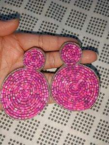 Vibrant Pink Beaded Hoop Earrings