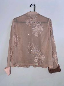 Sheer Embellished Mandarin Collar shirt