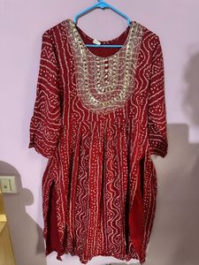 Red Printed Kurta with Embroidery