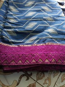 Beautiful Blue Saree with Gold &amp; Pink Border