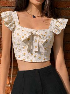 Korean Pinterest Chic Floral Bow Cute Crop Top
