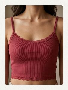 Ribbed Lace Trim Crop Tank Top