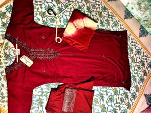 Maroon Embroidered Kurta Set with Pants &amp; Dupatta