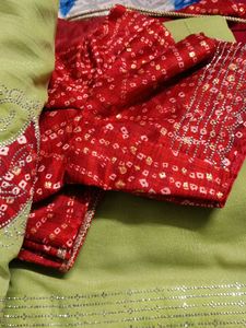 Elegant Lime Green Saree with Red Bandhani Border