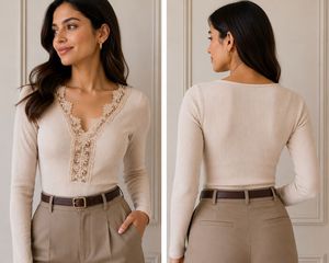 H&M Cream/Light Pink Lace Trim Ribbed Bodysuit