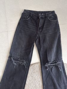 Black Distressed Wide-Leg Jeans