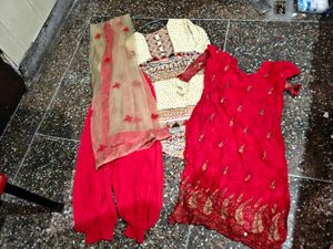 Red  Beige Embroidered Kurtas 2 and lower dupata
