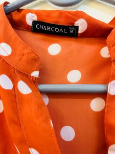 Orange Polka Dot Button-Up Blouse