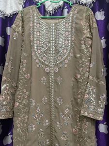 Pakistani beige Embroidered Kurta Set with Dupatta