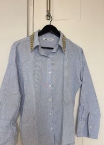 Blue Striped Shirt with Embellished Collar