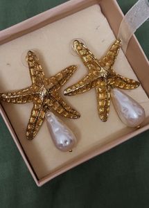 Gold Starfish & Pearl Dangle Earrings
