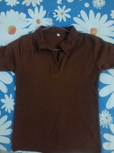Brown Collared Knit Top