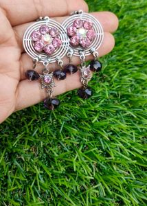 Pink Flower Oxidized Silver Drop Earrings With Pur