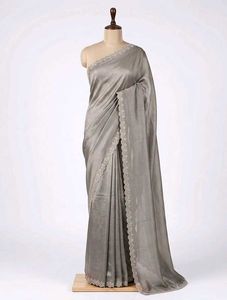 Elegant Grey Silk Saree with Embellished Border
