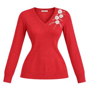 Elegant Red V-Neck Embellished Sweater🌷