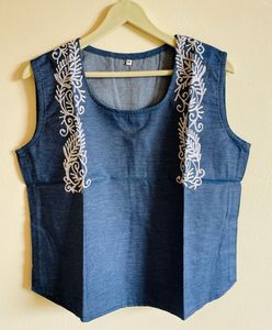 Blue Embroidered Sleeveless Top