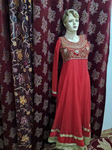 Red &amp; Gold Embellished Anarkali Dress