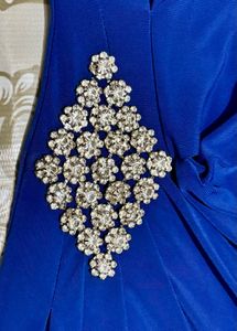 Elegant Blue Ruched Dress with Rhinestone Accent