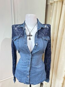 Denim Lace Sleeve Button-Up Shirt