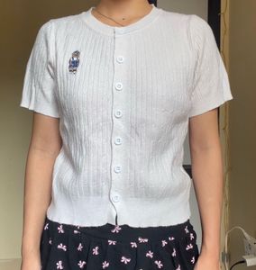White Short Sleeve Button-Up Cardigan