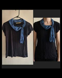 Black T-Shirt with Blue Scarf Detail