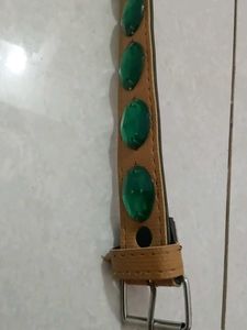 Brown Leather Belt with Green Jewels