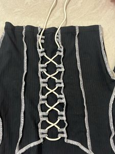 Black Lace-Up Ribbed Long Sleeve Top