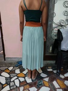 Premium Shiny Mint Green Pleated Maxi Skirt (Size
