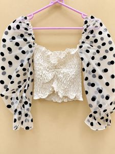 White Polka Dot Sheer Sleeve Top