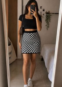 Checkerboard Knit Midi Skirt