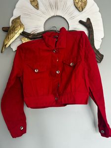 Vibrant Red Cropped Denim Jacket