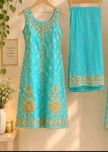 Stunning Teal Kurta Set with Gold Embroidery