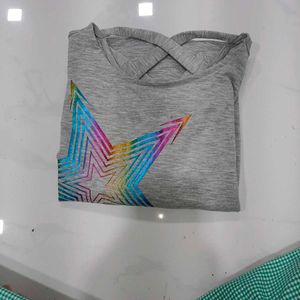 Grey Star Print T-Shirt with Criss-Cross Back