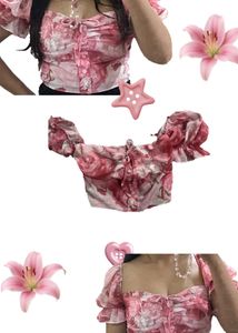 cute Chic Pink Floral Puff Sleeve Crop Top