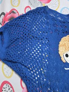 Chic Blue Crochet Knit Top with Doll Applique