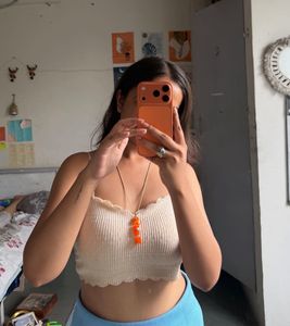 White Ribbed Crop Top with Scallop Edge