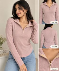 Ribbed Half-Zip Long Sleeve Top