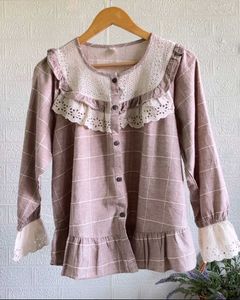 Chic Lace Trim Plaid Button-Up Top
