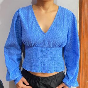 Blue Smocked V-Neck Crop Top