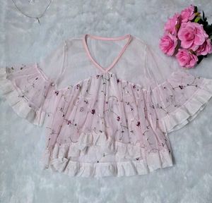 Pastel Pink Floral Sheer Ruffle Top | Cute Aesthet
