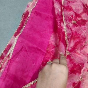 Vibrant Pink Tie-Dye Saree with Gold Embellishment