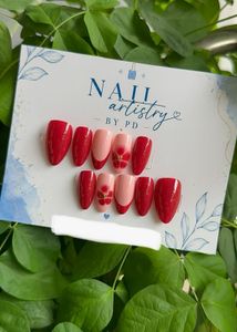 Red Floral Handmade Press-On Nails