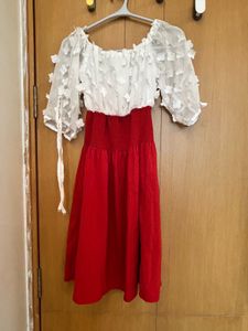 Chic White &amp; Red Off-Shoulder Dress