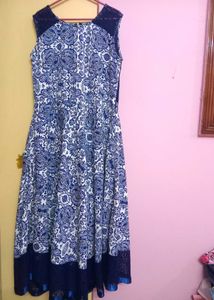 Blue & White Printed Dress with Lace