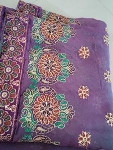 Embroidered Purple Saree with ready blouse