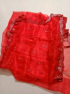 Beautiful Red Organza Real Mirror Work Saree With