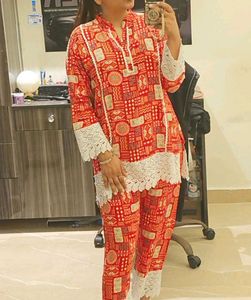 Red Block Print Kurta Set with Lace Trim