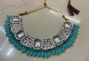 Teal Beaded Silver Necklace &amp; Earring Set